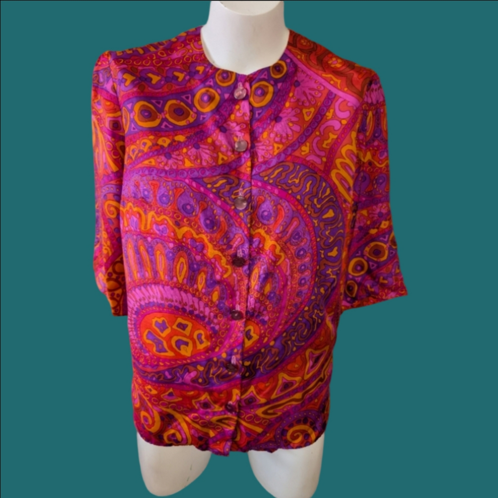 Vintage Top Psychedelic Paisley Cropped Button-Up Blouse 1960 Silk Size M